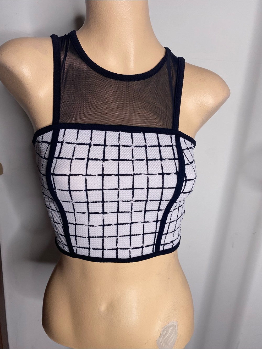 Made in USA Black & White Grid Mesh Yoke Crop Top